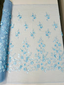 3D Floral Fancy Fabric - Baby Blue - Embroidered Roses Pattern on Mesh Fabric Sold by Yard