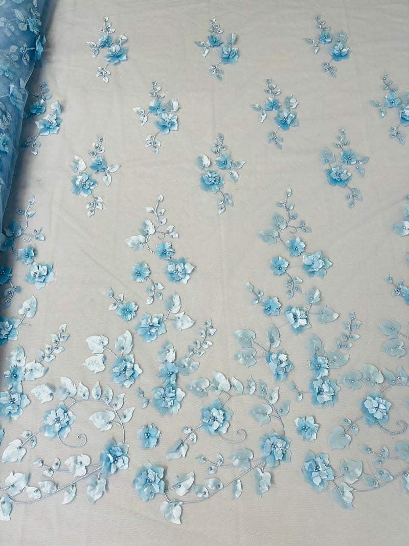 3D Floral Fancy Fabric - Baby Blue - Embroidered Roses Pattern on Mesh Fabric Sold by Yard
