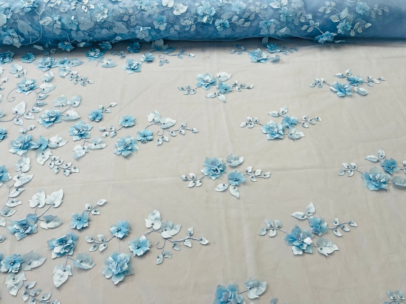 3D Floral Fancy Fabric - Baby Blue - Embroidered Roses Pattern on Mesh Fabric Sold by Yard