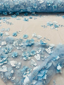3D Floral Fancy Fabric - Baby Blue - Embroidered Roses Pattern on Mesh Fabric Sold by Yard