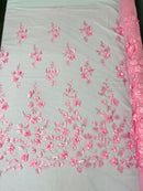3D Floral Fancy Fabric - Candy Pink - Embroidered Roses Pattern on Mesh Fabric Sold by Yard