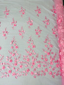 3D Floral Fancy Fabric - Candy Pink - Embroidered Roses Pattern on Mesh Fabric Sold by Yard
