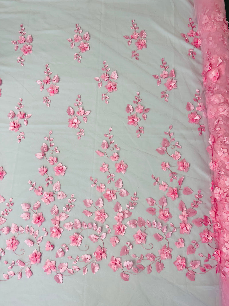 3D Floral Fancy Fabric - Candy Pink - Embroidered Roses Pattern on Mesh Fabric Sold by Yard