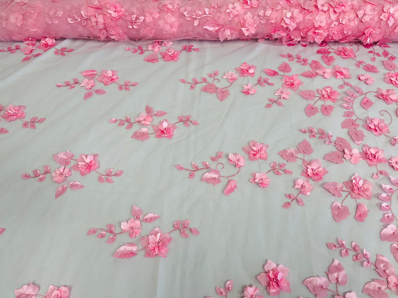3D Floral Fancy Fabric - Candy Pink - Embroidered Roses Pattern on Mesh Fabric Sold by Yard