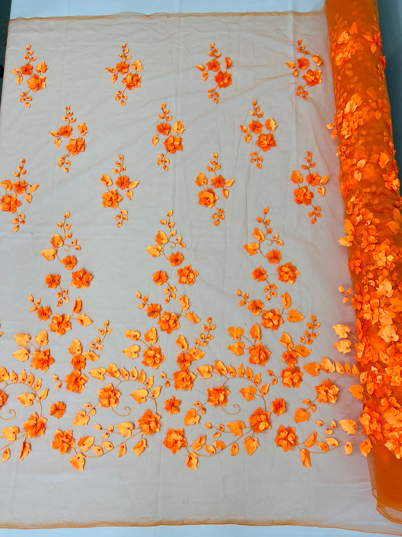 3D Floral Fancy Fabric - Orange - Embroidered Roses Pattern on Mesh Fabric Sold by Yard