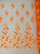 3D Floral Fancy Fabric - Orange - Embroidered Roses Pattern on Mesh Fabric Sold by Yard