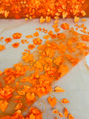 3D Floral Fancy Fabric - Orange - Embroidered Roses Pattern on Mesh Fabric Sold by Yard