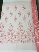 3D Floral Fancy Fabric - Dusty Rose - Embroidered Roses Pattern on Mesh Fabric Sold by Yard
