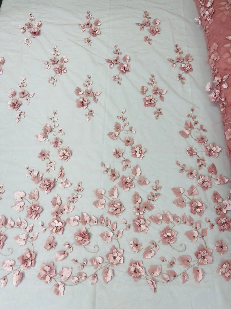 3D Floral Fancy Fabric - Dusty Rose - Embroidered Roses Pattern on Mesh Fabric Sold by Yard