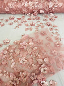 3D Floral Fancy Fabric - Dusty Rose - Embroidered Roses Pattern on Mesh Fabric Sold by Yard
