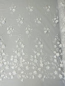 3D Floral Fancy Fabric - White - Embroidered Roses Pattern on Mesh Fabric Sold by Yard