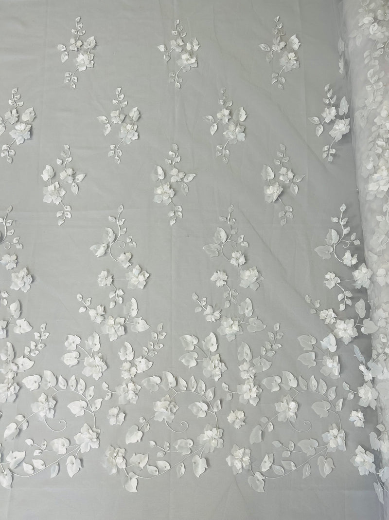 3D Floral Fancy Fabric - White - Embroidered Roses Pattern on Mesh Fabric Sold by Yard