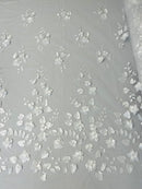3D Floral Fancy Fabric - White - Embroidered Roses Pattern on Mesh Fabric Sold by Yard