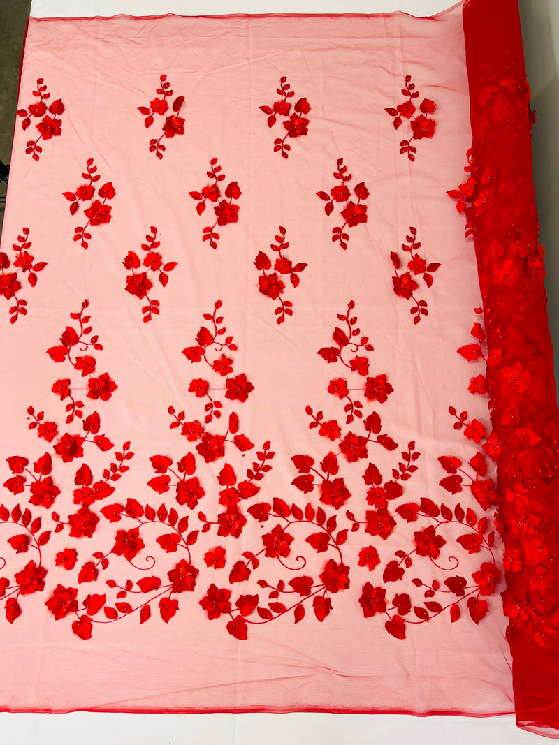 3D Floral Fancy Fabric - Red - Embroidered Roses Pattern on Mesh Fabric Sold by Yard