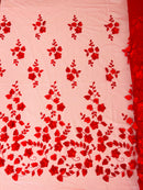 3D Floral Fancy Fabric - Red - Embroidered Roses Pattern on Mesh Fabric Sold by Yard