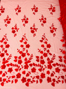 3D Floral Fancy Fabric - Red - Embroidered Roses Pattern on Mesh Fabric Sold by Yard