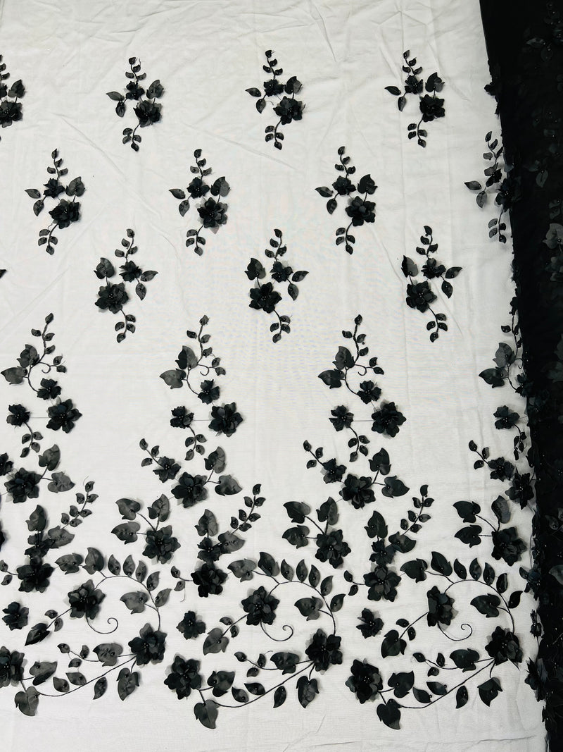 3D Floral Fancy Fabric - Black- Embroidered Roses Pattern on Mesh Fabric Sold by Yard
