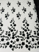 3D Floral Fancy Fabric - Black- Embroidered Roses Pattern on Mesh Fabric Sold by Yard