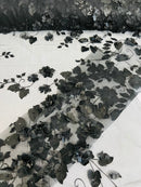 3D Floral Fancy Fabric - Black- Embroidered Roses Pattern on Mesh Fabric Sold by Yard