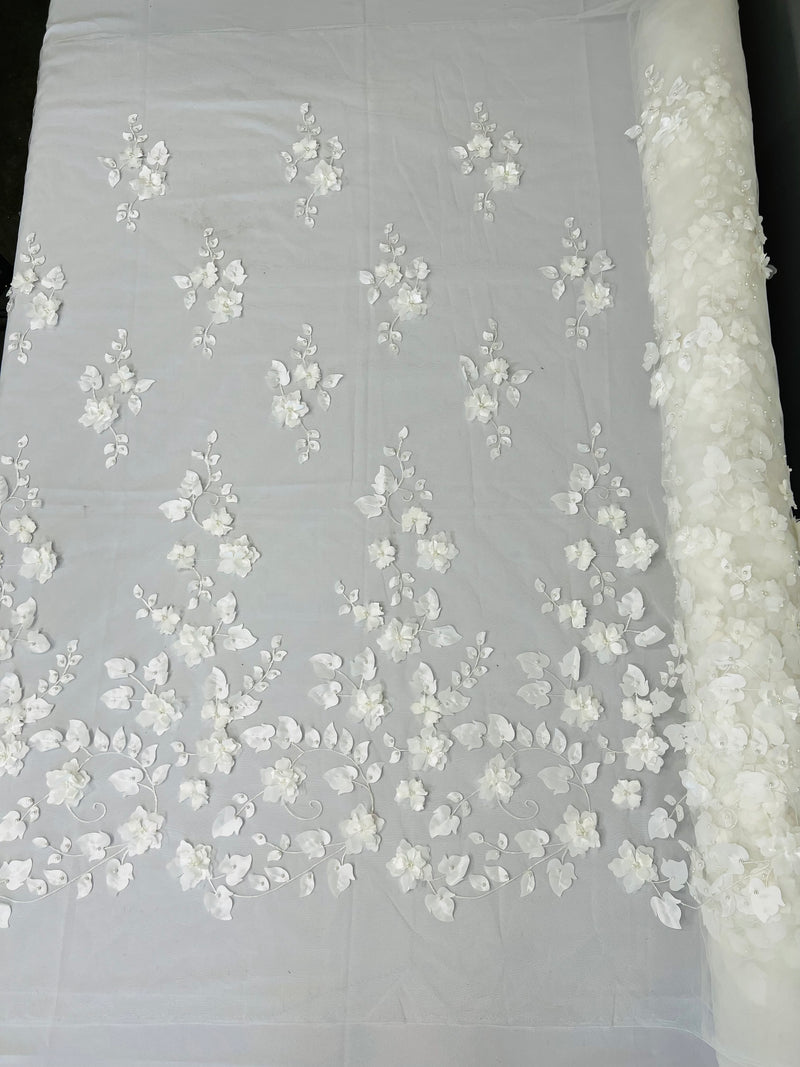 3D Floral Fancy Fabric - Ivory - Embroidered Roses Pattern on Mesh Fabric Sold by Yard
