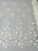 3D Floral Fancy Fabric - Ivory - Embroidered Roses Pattern on Mesh Fabric Sold by Yard