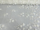 3D Floral Fancy Fabric - Ivory - Embroidered Roses Pattern on Mesh Fabric Sold by Yard
