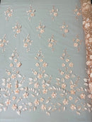 Floral Fancy Fabric - Blush Peach - Embroidered Roses Pattern on Mesh Fabric Sold by Yard