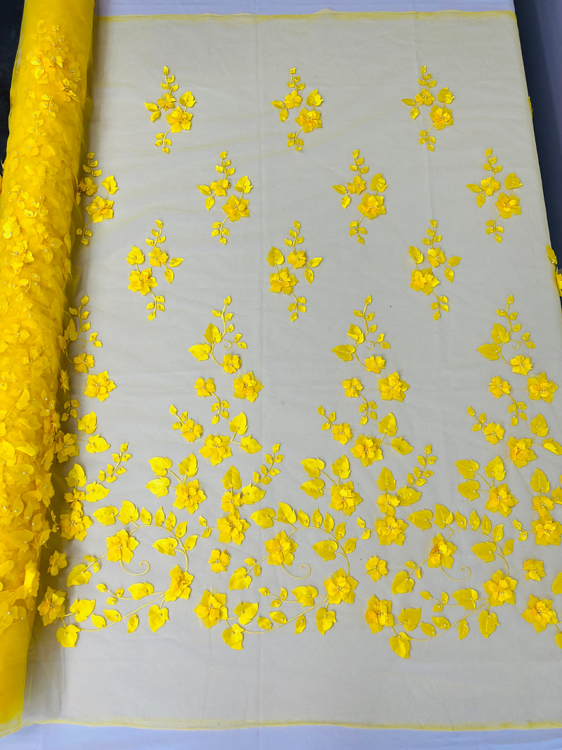 3D Floral Fancy Fabric - Yellow - Embroidered Roses Pattern on Mesh Fabric Sold by Yard