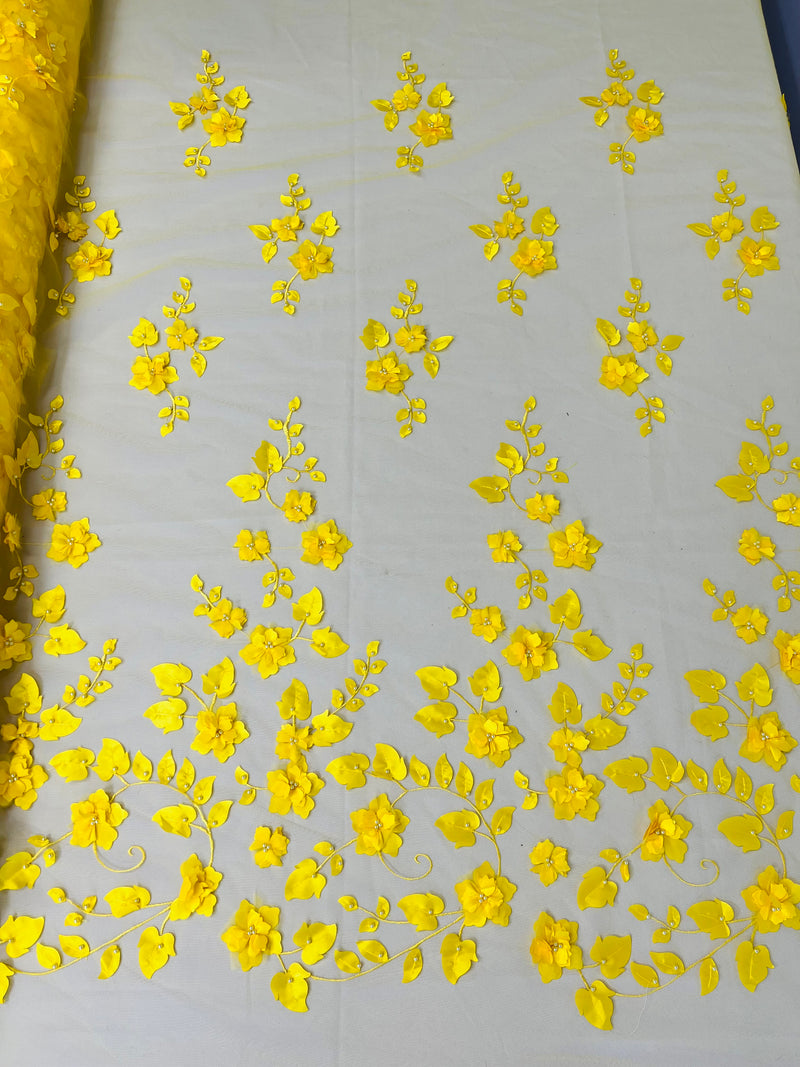 3D Floral Fancy Fabric - Yellow - Embroidered Roses Pattern on Mesh Fabric Sold by Yard