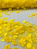 3D Floral Fancy Fabric - Yellow - Embroidered Roses Pattern on Mesh Fabric Sold by Yard