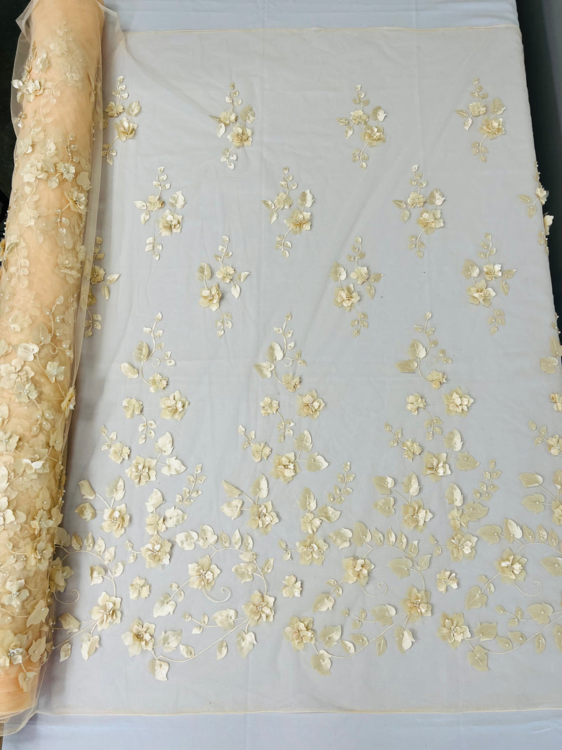 3D Floral Fancy Fabric - Champagne - Embroidered Roses Pattern on Mesh Fabric Sold by Yard