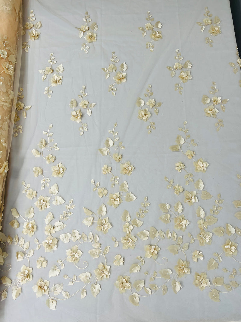 3D Floral Fancy Fabric - Champagne - Embroidered Roses Pattern on Mesh Fabric Sold by Yard