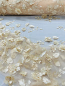 3D Floral Fancy Fabric - Champagne - Embroidered Roses Pattern on Mesh Fabric Sold by Yard