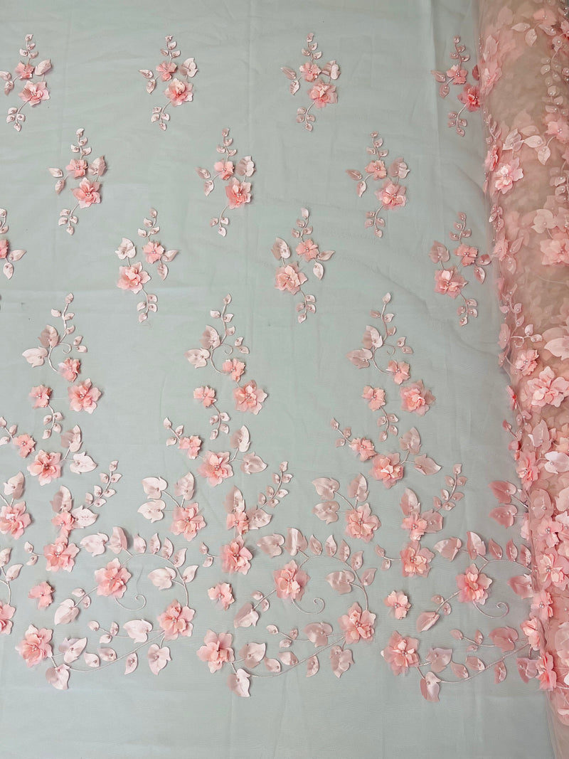 3D Floral Fancy Fabric - Pink - Embroidered Roses Pattern on Mesh Fabric Sold by Yard
