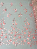 3D Floral Fancy Fabric - Pink - Embroidered Roses Pattern on Mesh Fabric Sold by Yard