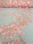 3D Floral Fancy Fabric - Pink - Embroidered Roses Pattern on Mesh Fabric Sold by Yard