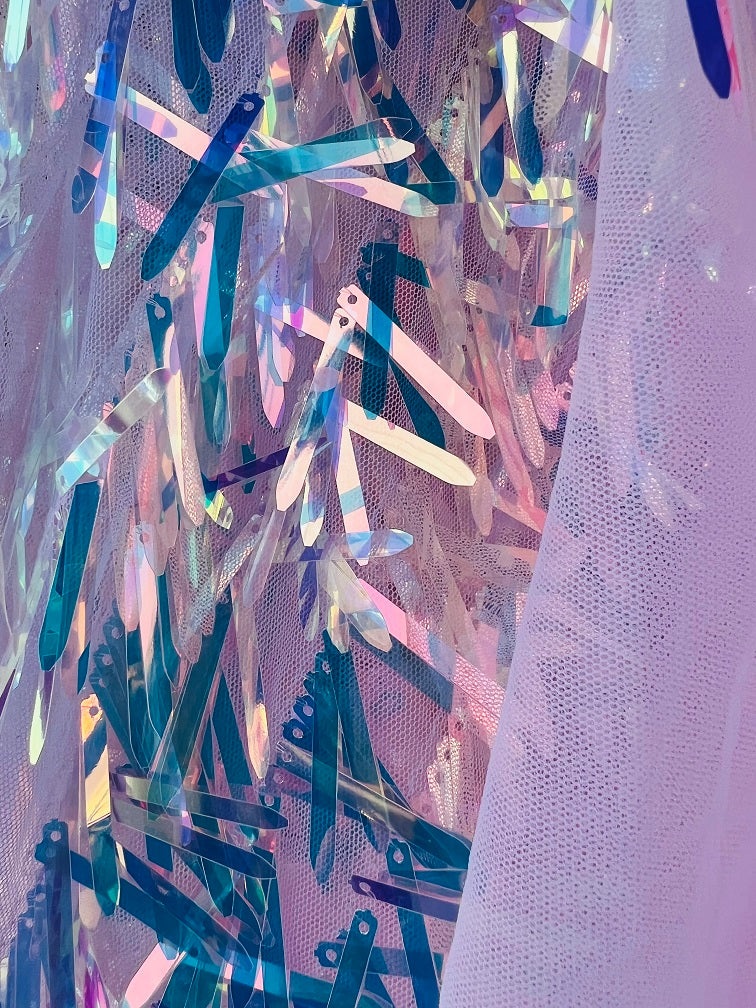 Sword Shape Hanging Sequins - Iridescent Lilac -  Iridescent Hanging Sequins On Mesh Fabric By Yard