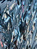 Sword Shape Hanging Sequins - Silver -  Iridescent Hanging Sequins On Mesh Fabric By Yard