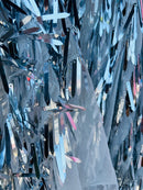 Sword Shape Hanging Sequins - Silver -  Iridescent Hanging Sequins On Mesh Fabric By Yard