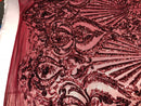 4 Way Stretch Damask Pattern Sequins Fabric Burgundy Fancy Embroidered Mesh Dress-Prom By The Yard