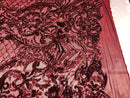 4 Way Stretch Damask Pattern Sequins Fabric Burgundy Fancy Embroidered Mesh Dress-Prom By The Yard