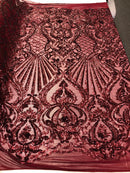 4 Way Stretch Damask Pattern Sequins Fabric Burgundy Fancy Embroidered Mesh Dress-Prom By The Yard