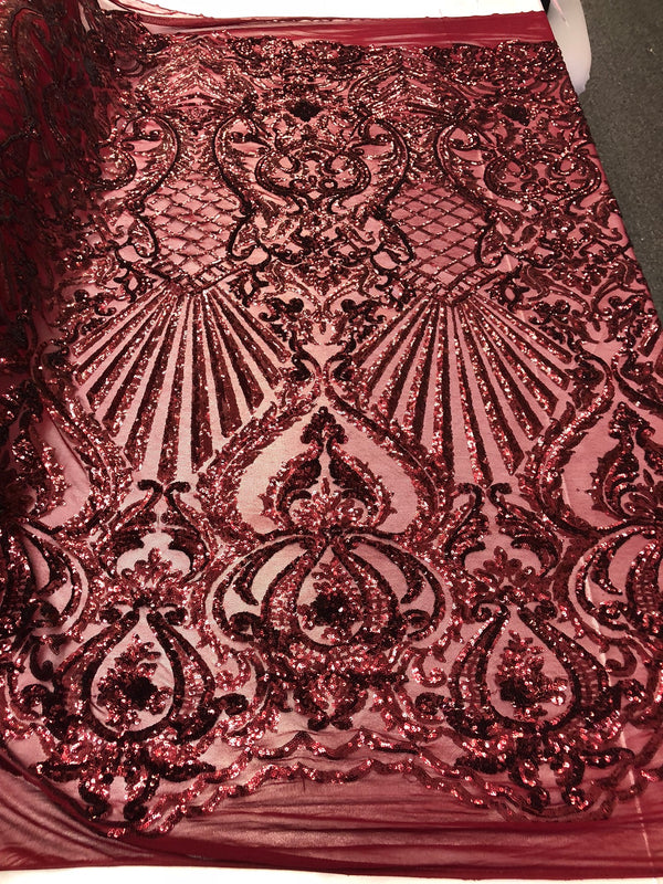 4 Way Stretch Damask Pattern Sequins Fabric Burgundy Fancy Embroidered Mesh Dress-Prom By The Yard