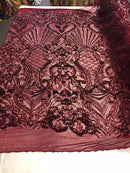 4 Way Stretch Damask Pattern Sequins Fabric Burgundy Fancy Embroidered Mesh Dress-Prom By The Yard