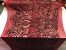 4 Way Stretch Damask Pattern Sequins Fabric Burgundy Fancy Embroidered Mesh Dress-Prom By The Yard