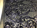 4 Way Stretch Damask Pattern Sequins Fabric Navy Fancy Embroidered Mesh Design Fashion By The Yard