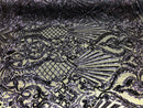 4 Way Stretch Damask Pattern Sequins Fabric Navy Fancy Embroidered Mesh Design Fashion By The Yard