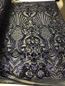 4 Way Stretch Damask Pattern Sequins Fabric Navy Fancy Embroidered Mesh Design Fashion By The Yard