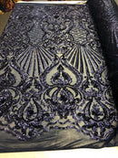 4 Way Stretch Damask Pattern Sequins Fabric Navy Fancy Embroidered Mesh Design Fashion By The Yard