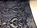 4 Way Stretch Damask Pattern Sequins Fabric Navy Fancy Embroidered Mesh Design Fashion By The Yard